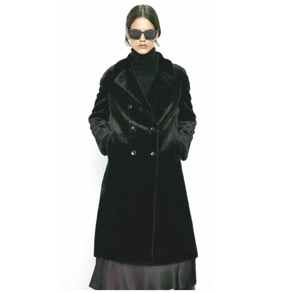 Zara Womens Black Faux Fur Double Breasted Long Coat XS Notched‎ Lapel Plush